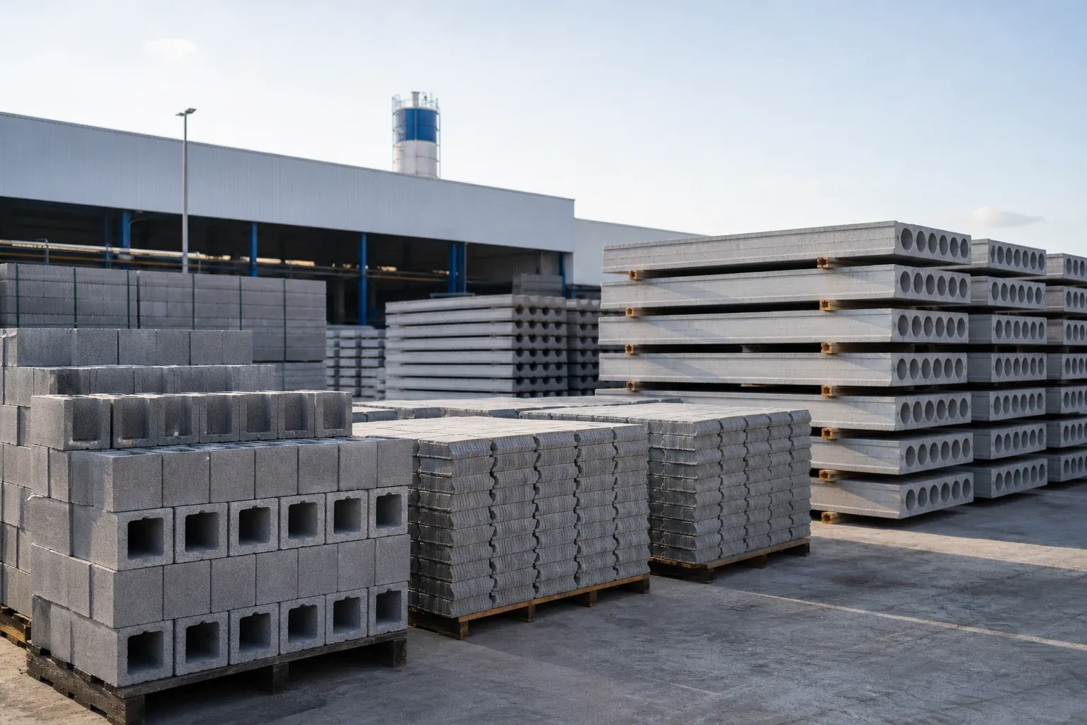 Blocos, pisos intertravados e elementos pré-moldados organizados em um pátio industrial